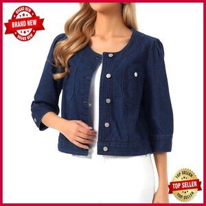 Cropped Denim Jacket 3/4 Sleeve Collarless Button Up Cardigan Style